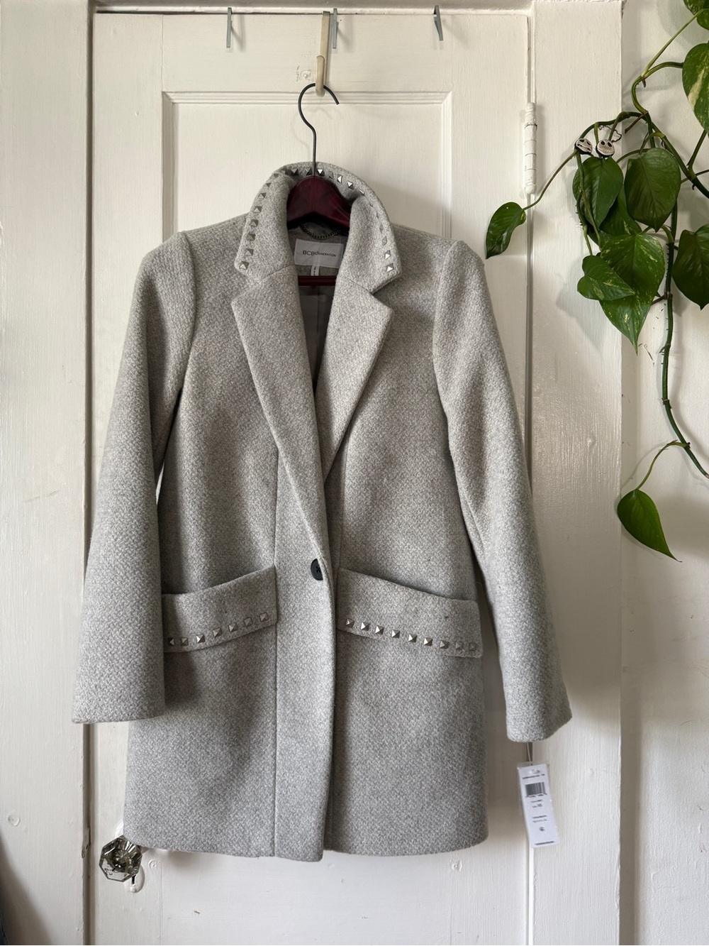 BCBGenerartion size XS Stud-Trim Light Gray Women's Wool-Blend Coat NEW